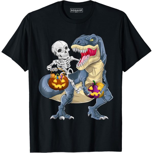 Skeleton Riding Dinosaur Halloween Funny Pumpkin T-Shirt
